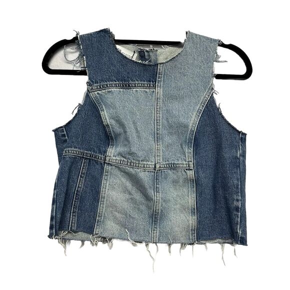 Zara Denim Patchwork Sleeveless Crop Top Womens Small Retro 70s Tank Streetwear - Picture 1 of 8